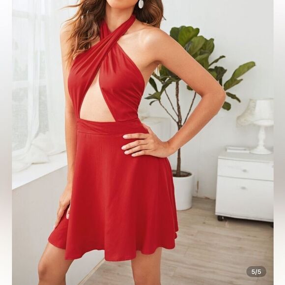 SHEIN Red Low Back Wrap Halter Neck Dress - Picture 5 of 5